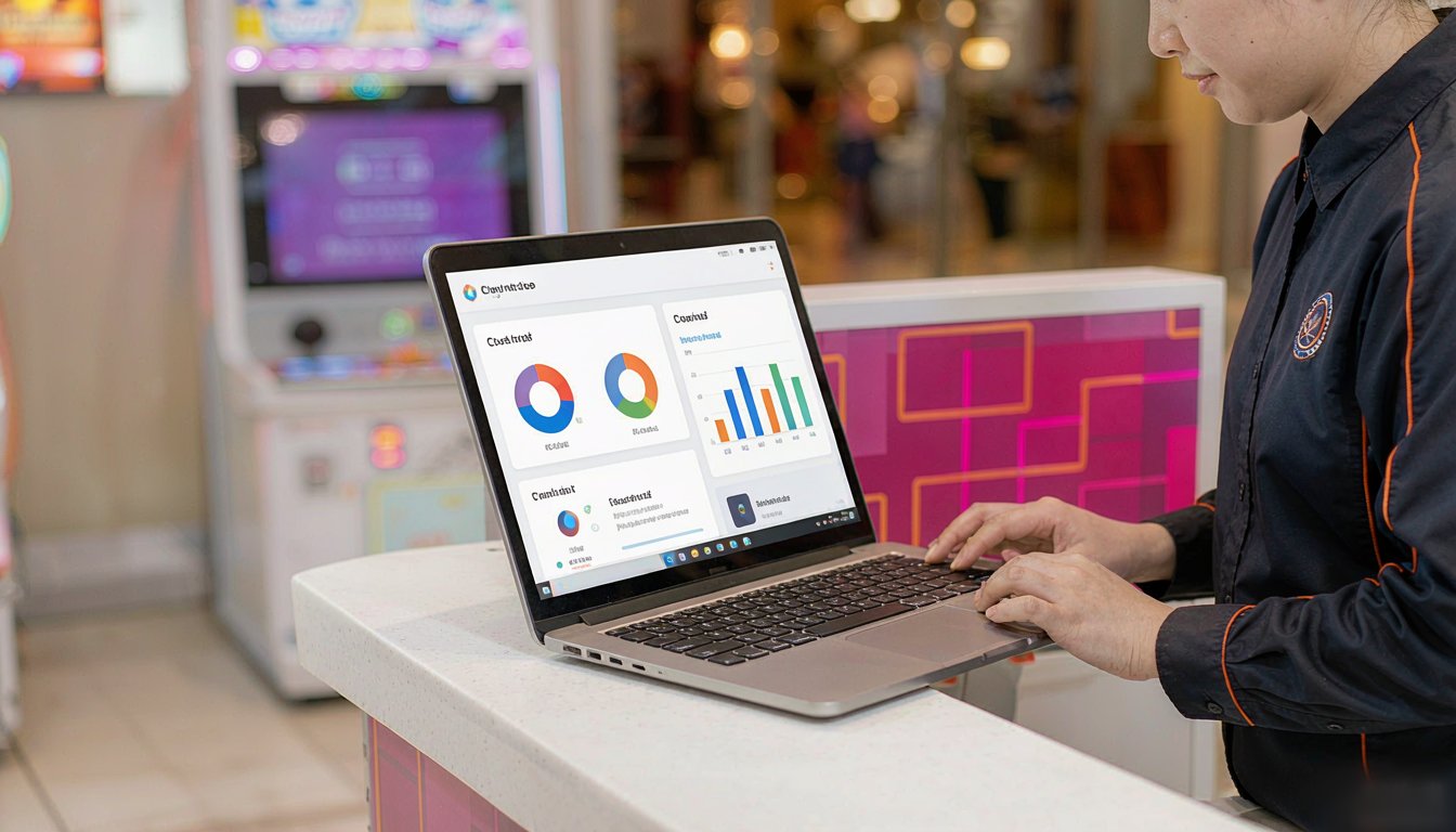 Staff member reviewing revenue and performance reports on a laptop at the venue