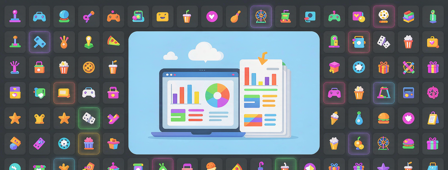 Arcade icon mosaic surrounding a laptop and tablet with report charts and a cloud symbol — ArcaMaster reports software