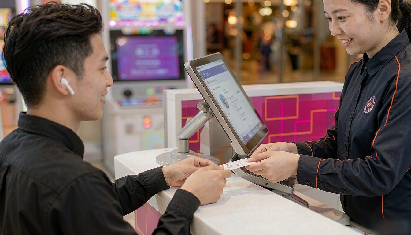 Staff member registering a guest's membership card at the counter