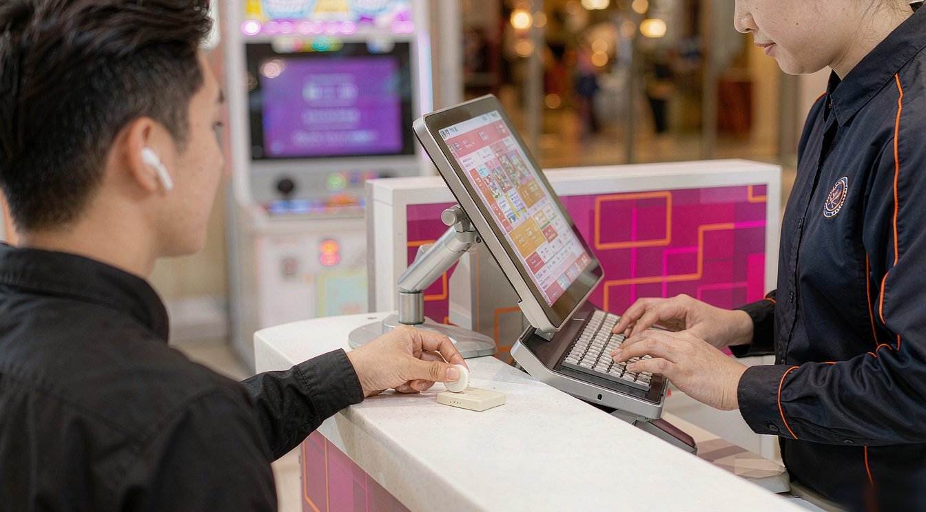 Staff member processing a tap-card payment at the venue POS counter