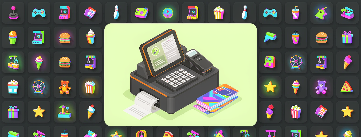 Colorful arcade icon mosaic surrounding a POS terminal, card reader, and game cards — ArcaMaster sales software