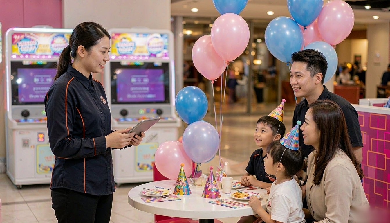 Staff member greeting a family at a booked birthday party in the venue